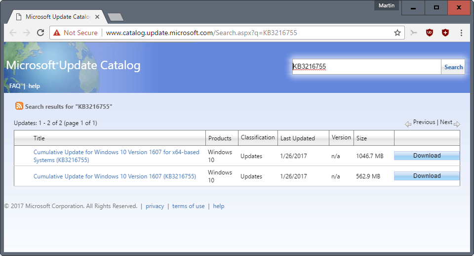 Windows update catalog server 2016